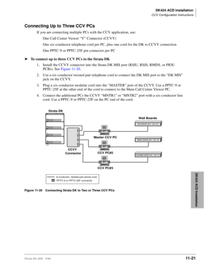 Page 489DK424 ACD Installation
CCV Configuration Instructions
Strata DK I&M 5/9911 - 21
DK424 ACD Installation
Connecting Up to Three CCV PCs
If you are connecting multiple PCs with the CCV application, use:
One Call Center Viewer “Y” Connector (CCVY)
One six-conductor telephone cord per PC, plus one cord for the DK to CCVY connection
One PPTC-9 or PPTC-25F pin connector per PC
äTo connect up to three CCV PCs to the Strata DK
1. Install the CCVY connector into the Strata DK MIS port (RSIU, RSIS, RMDS, or PIOU...