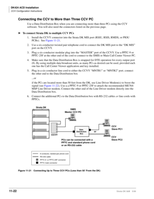 Page 490DK424 ACD Installation
CCV Configuration Instructions
11- 22Strata DK I&M 5/99
Connecting the CCV to More than Three CCV PC
Use a Data Distribution Box when you are connecting more than three PCs using the CCV 
software. You will also need the connectors listed on the previous page.
äTo connect Strata DK to multiple CCV PCs
1. Install the CCVY connector into the Strata DK MIS port (RSIU, RSIS, RMDS, or PIOU 
PCBs).  See Figure 11-21.
2.Use a six-conductor twisted pair telephone cord to connect the DK MIS...