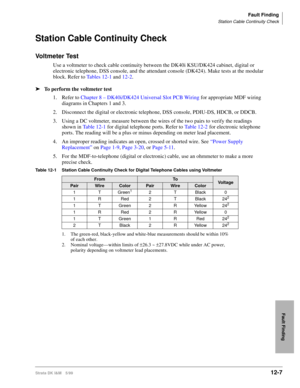 Page 499Fault Finding
Station Cable Continuity Check
Strata DK I&M 5/9912-7
Fault Finding
Station Cable Continuity Check
Voltmeter Test
Use a voltmeter to check cable continuity between the DK40i KSU/DK424 cabinet, digital or 
electronic telephone, DSS console, and the attendant console (DK424). Make tests at the modular 
block. Refer to Ta b l e s  1 2 - 1 and 12-2.
ä
To perform the voltmeter test
1. Refer to Chapter 8 – DK40i/DK424 Universal Slot PCB Wiring for appropriate MDF wiring 
diagrams in Chapters 1...