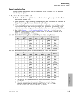 Page 501Fault Finding
Station Cable Continuity Check
Strata DK I&M 5/9912-9
Fault Finding
Cable Installation Test
If cable voltmeter and ohmmeter tests are within limits, digital telephones, DDCBs, or DDSS 
consoles may not operate.
ä
To perform the cable installation test
1. Cable runs for the above digital devices must be free of cable splits (single or double). Test for 
and eliminate all cable splits.
2.Cable bridge taps – Digital telephones will not operate if cable runs contain any type (short or 
long) of...
