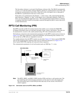 Page 539ISDN Interfaces
RPTU Call Monitoring (PRI)
Strata DK I&M 5/9914-13
ISDN Interfaces
The Secondary reference is activated if the Primary reference fails. The DK424 automatically 
switches over to the Secondary reference PCB by opening its synchronization circuit (SS
1) and 
closing the synchronization circuit (SS
2). When this occurs, the digital voice or data path of 
the DK424 is synchronized to the Line 2 clock source.
If the path is not synchronized to the Stratum – 1 clock source, calls connected...