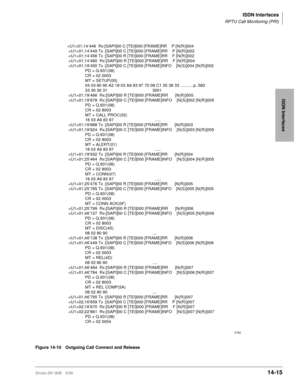 Page 541ISDN Interfaces
RPTU Call Monitoring (PRI)
Strata DK I&M 5/9914-15
ISDN Interfaces
Figure 14-10 Outgoing Call Connect and Release
01;14’446  Rx:[SAPI]00 C [TEI]000 [FRAME]RR    P [N(R)]004 
01;14’449 Tx :[SAPI]00 C [TEI]000 [FRAME]RR    P [N(R)]002 
01;14’456 Tx :[SAPI]00 R [TEI]000 [FRAME]RR    F [N(R)]002 
01;14’460  Rx:[SAPI]00 R [TEI]000 [FRAME]RR    F [N(R)]004 
01;19’450 Tx :[SAPI]00 C [TEI]000 [FRAME]INFO    [N(S)]004 [N(R)]002 
              PD = Q.931(08)
              CR = 02 0003...