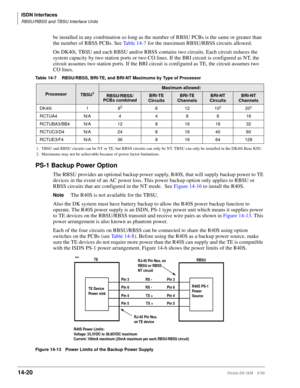 Page 546ISDN Interfaces
RBSU/RBSS and TBSU Interface Units
14-20Strata DK I&M 5/99
be installed in any combination so long as the number of RBSU PCBs is the same or greater than 
the number of RBSS PCBs. See Ta b l e  1 4 - 7 for the maximum RBSU/RBSS circuits allowed.
On DK40i, TBSU and each RBSU and/or RBSS contains two circuits. Each circuit reduces the 
system capacity by two station ports or two CO lines. If the BRI circuit is configured as NT, the 
circuit assumes two station ports. If the BRI circuit is...