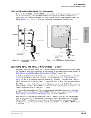 Page 555ISDN Interfaces
RBSU/RBSS and TBSU Interface Units
Strata DK I&M 5/9914-29
ISDN Interfaces
TBSU and RBSU/RBSS EMC Ferrite Core Requirement
To ensure that the TBSU and RBSU/RBSS circuits meet the EMC requirements, it is necessary to 
run all wire connecting TBSU and RBSU/RBSS circuits (TE mode and NT mode) through a 
Ferrite core. Use Toshiba part number, FER-CORE-ISDN, which is shipped with the TBSU and 
RBSU. Figures 14-21 and 14-22 show how to dress the wiring through the Ferrite core.
Connecting TBSU...