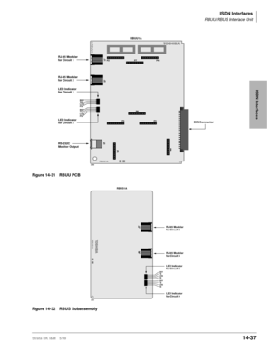 Page 563ISDN Interfaces
RBUU/RBUS Interface Unit
Strata DK I&M 5/9914-37
ISDN Interfaces
Figure 14-31 RBUU PCB
Figure 14-32 RBUS Subassembly
RBUU1A
RBUU1
2799
RBUU1A
P2 P4P7
J2 J1
P5P6
P3
J3P8 P9
BSY
TS
LOS
FS
BSY
TS
LOS
FS
RJ-45 Modular
for Circuit 1
RJ-45 Modular
for Circuit 2
LED Indicator
for Circuit 1
LED Indicator
for Circuit 2
RS-232C
Monitor OutputDIN Connector
RBUS1A
F2800
RBUS1A
BSY
TS
LOS
FS
BSY
TS
LOS
FS
J7
J6
RJ-45 Modular
for Circuit 3
LED Indicator
for Circuit 3
RJ-45 Modular
for Circuit 4
LED...