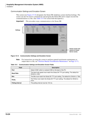 Page 590Hospitality Management Information System (HMIS)
Installation
15-24Strata DK I&M    5/99
Communication Settings and Emulation Screen
This screen (see Figure 15-14) designates the Strata DK telephone system interface/settings. The 
screen can also be used to communicate and program the Strata DK and to output (record) the 
communications to a file. (See Table 15-5 for screen field descriptions.)
Important!This procedure stops communication to the Strata DK.
Figure 15-14 Communication Settings and...