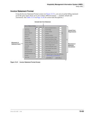 Page 621Hospitality Management Information System (HMIS)
Setup Utility
Strata DK I&M    5/9915-55
Invoice Statement Format
Using the Invoice Statement Format screen (see Figure 15-21), you can set up the billing statement 
given the guest upon check out in one of three different formats — standard, default and 
customized. (See Table 15-10 on Page 15-56 for screen field descriptions.)
Figure 15-21 Invoice Statement Format Screen
2993
Placement of 
Statement Items 
Overall Form 
Requirements
Placement of...