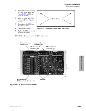 Page 667Strata AirLink Systems
BSIA System Installation
Strata DK I&M 5/9916-15
Strata AirLink Systems
1. Remove the screws securing 
the cover of the BSIA (see 
Figure 16-15) and lift the 
cover off the BSIA.
2. Align the ALM with DIN 
connector J5 (see Figure 
16-16).
3. Gently press the PCB into 
the DIN connector.
4. Connect the standoffs. 
5. Replace the BSIA cover and 
re-install the screws.
Important!Do not power on the BSIA at this point.
Figure 16-16 ALM Connections on the BSIA
2985
Cover Screws
Figure...