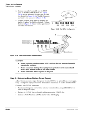 Page 692Strata AirLink Systems
RWIU System Installation
16-40Strata DK I&M 5/99
3. Connect one end of each cable into the RJ-45 
jacks on the RWIU/WWIS (Point B in Figure 
16-26) and the other end (reversed) into the EMI 
box (Point A in Figure 16-26). The RJ-45 transmit 
and receive pins are shown in Figure 16-25.
4. Connect each end of the other set of cables into 
the RJ-45 jacks of the EMI box (Point C - To Base 
Stations in Figure 16-26) and run the opposite end 
out to the Base Stations.
 
Figure 16-26 EMI...