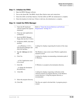 Page 697Strata AirLink Systems
RWIU System Installation
Strata DK I&M 5/9916-45
Strata AirLink Systems
Step 11: Initialize the RWIU
1. Open the RWIU Manager software.
2. Turn on the Strata DK. The RWIU checks Base Station status and connections.
3. Check the LEDs on the Base Stations. If all the LEDs are OFF, the initialization is complete.
4. Check the handsets for dial tone. If there is dial tone, the initialization is complete.
Step 12: Install the RWIU Manager
1. Check the PC hardware/
software against the...