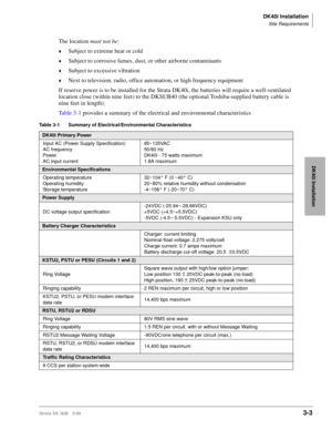 Page 71DK40i Installation
Site Requirements
Strata DK I&M 5/993-3
DK40i Installation
The location must not be:
©Subject to extreme heat or cold
©Subject to corrosive fumes, dust, or other airborne contaminants
©Subject to excessive vibration
©Next to television, radio, office automation, or high frequency equipment
If reserve power is to be installed for the Strata DK40i, the batteries will require a well-ventilated 
location close (within nine feet) to the DKSUB40 (the optional Toshiba-supplied battery cable...