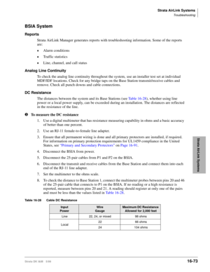 Page 725Strata AirLink Systems
Troubleshooting
Strata DK I&M 5/9916-73
Strata AirLink Systems
BSIA System
Reports
Strata AirLink Manager generates reports with troubleshooting information. Some of the reports 
are:
©Alarm conditions
©Traffic statistics
©Line, channel, and call status
Analog Line Continuity
To check the analog line continuity throughout the system,
 use an installer test set at individual 
MDF/IDF locations. Check for any bridge taps on the Base Station transmit/receive cables and 
remove. Check...