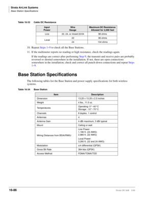 Page 738Strata AirLink Systems
Base Station Specifications
16-86Strata DK I&M 5/99
10. Repeat Steps 1~9 to check all the Base Stations.
11. If the multimeter reports no reading or high resistance, check the readings again.
If the readings are correct after performing Step 9, the transmit and receive pairs are probably 
reversed or shorted somewhere in the installation. If not, there are open connections 
somewhere in the installation; check and correct all punch-down connections and repeat Steps 
1~9.
Base...
