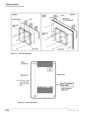 Page 78DK40i Installation
KSU Mounting Considerations
3-10Strata DK I&M    5/99
 
Method 1Method 2
StudPlaster Board
StudPlaster
Board
Hard Board
(1/2 Inch Plywood)
Expansion
KSU
Base KSUBase KSU
Expansion
KSU
1614
Figure 3-4 KSU Wall Mounting
Base Cover
Side Cover
AC DC
POWER
Cover
Screws (6)
= 
4237
Six cover screws 
to be removed 
before mounting 
KSU
Model: DKSUBI40A
Strata DK40i
Label on edge of
Base KSU
Figure 3-5 Base KSU Exterior 