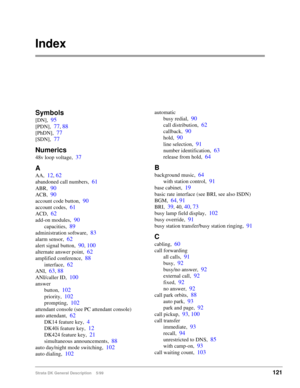 Page 135Strata DK General Description    5/99121
Index
Symbols
[DN],95
[PDN],77, 88
[PhDN],77
[SDN],77
Numerics
48v loop voltage,37
A
AA,12, 62
abandoned call numbers,61
ABR,90
ACB,90
account code button,90
account codes,61
ACD,62
add-on modules,90
capacities,89
administration software,83
alarm sensor,62
alert signal button,90, 100
alternate answer point,62
amplified conference,88
interface,62
ANI,63, 88
ANI/caller ID,100
answer
button,
102
priority,102
prompting,102
attendant console (see PC attendant console)...