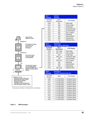 Page 193Features
System Features
Strata DK Feature Description 5/9939
v
Figure 3 DNIS Examples
Day 1 
ExampleNormal
Routing
Incoming 
NumberDay 1 
DestinationLCD Display
1209 201 Sales Dept
1210 202 Service Dept
1211 225 Credit Dept
1212 310 Production Dept
1213 350 Documentation
1214 555 Tech. Support
1215 420 Marketing
1216 430 Administration
1217 502 Engineering
1218 271 National Accts
Day 2 
ExampleRouting to
Other Offices Still Open
Incoming 
NumberDay 2 
DestinationLCD Display
1209 801-1209 Sales Dept
1210...