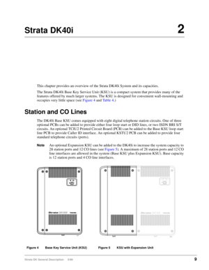 Page 23Strata DK General Description     5/999
Strata DK40i2
This chapter provides an overview of the Strata DK40i System and its capacities.
The Strata DK40i Base Key Service Unit (KSU) is a compact system that provides many of the 
features offered by much larger systems. The KSU is designed for convenient wall-mounting and 
occupies very little space (see Figure 4 and Ta b l e  4.) 
Station and CO Lines
The DK40i Base KSU comes equipped with eight digital telephone station circuits. One of three 
optional...