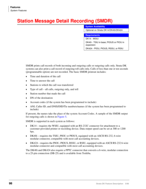 Page 252Features
System Features
98Strata DK Feature Description 5/99
Station Message Detail Recording (SMDR) 
SMDR prints call records of both incoming and outgoing calls or outgoing calls only. Strata DK 
systems can also print a call record of outgoing toll calls only. Calls of less than one or ten seconds 
(programmable option) are not recorded. The basic SMDR printout includes:
©Time and duration of the call
©Time to answer the call
©Stations to which the call was transferred
©Type of call – all calls,...