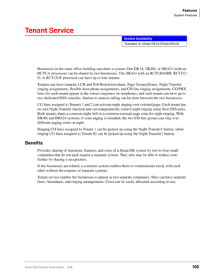 Page 259Features
System Features
Strata DK Feature Description 5/99105
Tenant Service 
Businesses in the same office building can share a system. One DK14, DK40i, or DK424 (with an 
RCTUA processor) can be shared by two businesses. The DK424 with an RCTUBA/BB, RCTUC/
D, or RCTUE/F processor can have up to four tenants.
Tenants can have separate LCR and Toll Restriction plans, Page Groups/Zones, Night Transfer 
ringing assignments, flexible door phone assignments, and CO line ringing assignments. CO/PBX 
lines...