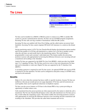 Page 260Features
System Features
106Strata DK Feature Description 5/99
Tie Lines 
Tie lines can be installed on a DK40i or DK424 system to connect it to a PBX or another DK 
system in a private communications network. Tie lines can use all DNIS program assignments. 
Incoming Tie line calls can ring a number of destinations within the DK system.
Incoming Tie lines are enabled with Voice First Calling, and the called station can answer back 
handsfree. Incoming Tie lines cannot originate Off-hook Call Announce to...