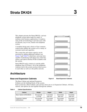 Page 33Strata DK General Description    5/9919
Strata DK4243
This chapter presents the Strata DK424, a private 
telephone system tailor-made for small- to 
medium-sized business applications. It employs 
state-of-the-art technology to provide users with 
an efficient, easy-to-use, feature-rich telephone 
system.
A modular design and a choice of four common 
control units enables the system to fit a variety of 
customer needs and capacities. 
The system line and station capacity can be 
increased by adding...