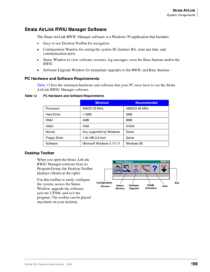 Page 353Strata AirLink
System Components
Strata DK Feature Description 5/99199
Strata AirLink RWIU Manager Software
The Strata AirLink RWIU Manager software is a Windows 95 application that includes:
©Easy-to-use Desktop Toolbar for navigation
©Configuration Window for setting the system ID, handset IDs, time and date, and 
communication ports
©Status Window to view software versions, log messages, reset the Base Stations and/or the 
RW I U
©Software Upgrade Window for immediate upgrades to the RWIU and Base...