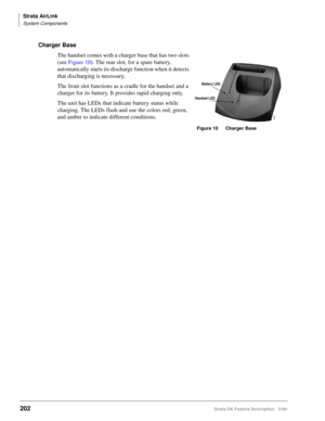 Page 356Strata AirLink
System Components
202Strata DK Feature Description 5/99
Charger Base
The handset comes with a charger base that has two slots 
(see Figure 10). The rear slot, for a spare battery, 
automatically starts its discharge function when it detects 
that discharging is necessary. 
The front slot functions as a cradle for the handset and a 
charger for its battery. It provides rapid charging only.
The unit has LEDs that indicate battery status while 
charging. The LEDs flash and use the colors red,...