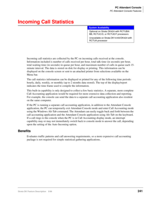 Page 395PC Attendant Console
PC Attendant Console Features
Strata DK Feature Description 5/99241
Incoming Call Statistics
Incoming call statistics are collected by the PC on incoming calls received at the console. 
Information included is number of calls received per hour, total talk time (in seconds) per hour, 
total waiting time (in seconds) in queue per hour, and maximum number of calls in queue each 15-
minute interval. The data is stored on disk for display or printing. This information can be 
displayed on...