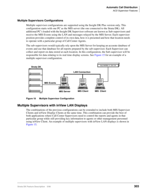 Page 457Automatic Call Distribution
ACD Supervisor Features
Strata DK Feature Description 5/99303
Multiple Supervisors Configurations
Multiple supervisor configurations are supported using the Insight DK Plus version only. This 
configuration starts with one PC as the MIS server (the one connected to the Strata DK). All 
additional PC’s loaded with the Insight DK Supervisor software are known as Sub-supervisors and 
receive the MIS Events using the LAN and messages relayed by the MIS Server. Each supervisor...