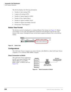 Page 482Automatic Call Distribution
ACD Feature Interaction
328Strata DK Feature Description 5/99
The title bar displays the following information:
©Number of calls waiting (CW)
©Longest call waiting (LCW)
©Number of Agents logged-in (LOG)
©Number of busy Agents (Busy)
©Number of Agents available (Avail)
©Number of Agents unavailable (Unavail)
©Group name (“Tech Support”)
Button View Format
The title bar can also be displayed in a condensed Button View format (see Figure 33). Button 
view displays as one of the...