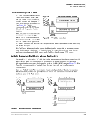 Page 483Automatic Call Distribution
ACD Feature Interaction
Strata DK Feature Description 5/99329
Connection to Insight DK or SMIS
If a SMIS computer or MIS system is 
connected to the DK424 MIS port, 
the Call Center Viewer application 
host PC connects to it through a “Y” 
cable RS-232 splitter distribution box 
(see Figure 35). (Toshiba 
recommends model TL159A from 
Black Box® Corporation for this 
purpose.)
The Call Center Viewer monitors the 
connection between the Toshiba 
SMIS, MIS or another Call Center...