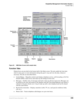 Page 503Hospitality Management Information System
Function Tabs
Strata DK Feature Description 5/99349
 
Figure 56 HMIS Main Screen (with sample data)
Function Tabs
Dialog boxes are provided in the bottom half of the Main screen. The tabs enable the front desk 
clerk to enter guest or room information during the guest’s stay and view the data, whenever 
necessary. The tabs are described below.
©Control/Status – Manually controls and displays telephone service, call forwarding or Do Not 
Disturb (DND), maid...