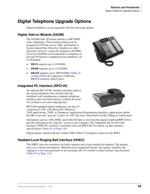 Page 67Stations and Peripherals
Digital Telephone Upgrade Options
Strata DK General Description     5/9953
Digital Telephone Upgrade Options
Digital telephones can be upgraded with the following options.
Digital Add-on Module (DADM)
The DADM adds 20 feature buttons to DKT2000-
series telephones. These feature buttons can be 
assigned for CO line access, DSS, and Station or 
System Speed Dial. Directory Numbers or other 
functions, however, cannot be assigned to DADMs. 
Up to two DADMs can be attached to a...