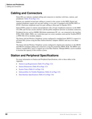 Page 74Stations and Peripherals
Cabling and Connectors
60Strata DK General Description     5/99
Cabling and Connectors
Strata DK uses industry standard cabling and connectors to interface with lines, stations, and 
peripherals (Table 39 on Page 112).
Stations use standard twisted-pair cabling to connect to the system via the MDF. Digital and 
standard telephones require just one pair-cabling, or two pair, if equipped with DADM, RPCI or 
DVSU. Electronic telephones need two-pair cabling or three-pair for Speaker...