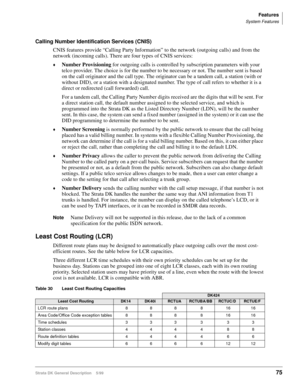 Page 89Features
System Features
Strata DK General Description    5/9975
Calling Number Identification Services (CNIS)
CNIS features provide “Calling Party Information” to the network (outgoing calls) and from the 
network (incoming calls). There are four types of CNIS services:
©Number Provisioning
 for outgoing calls is controlled by subscription parameters with your 
telco provider. The choice is for the number to be necessary or not. The number sent is based 
on the call originator and the call type. The...