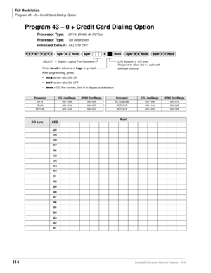 Page 128Toll Restriction
Program 43 – 0 + Credit Card Dialing Option
114Strata DK System Record Sheets 5/99
Program 43 – 0 + Credit Card Dialing Option
Processor Type:DK14, DK40i, All RCTUs
Processor Type:Toll Restriction
Initialized Default:All LEDS OFF




  6SNU   +ROG  6SNU +ROG 6SNU+ROG 6SNU+ROG
ProcessorCO Line Range[PDN] Port RangeProcessorCO Line Range[PDN] Port Range
DK14 001~004 000~009 RCTUBA/BB 001~048 000~079
DK40i 001~012 000~027 RCTUC/D 001~144 000~239
RCTUA 001~016 000~031...