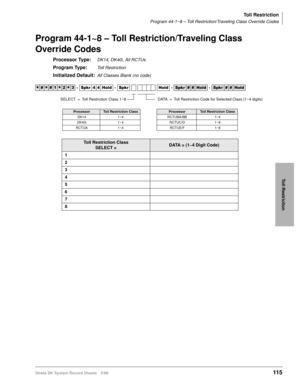 Page 129Toll Restriction
Program 44-1~8 – Toll Restriction/Traveling Class Override Codes
Strata DK System Record Sheets 5/99115
Toll Restriction
Program 44-1~8 – Toll Restriction/Traveling Class 
Override Codes
Processor Type:DK14, DK40i, All RCTUs
Program Type:Toll Restriction
Initialized Default:All Classes Blank (no code)




  6SNU   +ROG  6SNU +ROG 6SNU+ROG 6SNU+ROG
ProcessorToll Restriction ClassProcessorToll Restriction Class
DK14 1~4 RCTUBA/BB 1~4
DK40i 1~4 RCTUC/D 1~8
RCTUA 1~4...