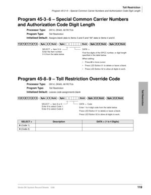 Page 133Toll Restriction
Program 45-3~6 – Special Common Carrier Numbers and Authorization Code Digit Length
Strata DK System Record Sheets 5/99119
Toll Restriction
Program 45-3~6 – Special Common Carrier Numbers 
and Authorization Code Digit Length
Processor Type:DK14, DK40i, All RCTUs
Program Type:Toll Restriction
Initialized Default:Assigns blank data to Items 3 and 5 and “00” data to Items 4 and 6. 
Program 45-8~9 – Toll Restriction Override Code
Processor Type:DK14, DK40i, All RCTUs
Program Type:Toll...