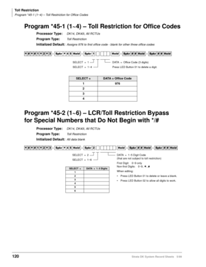 Page 134Toll Restriction
Program *45-1 (1~4) – Toll Restriction for Office Codes
120Strata DK System Record Sheets 5/99
Program *45-1 (1~4) – Toll Restriction for Office Codes
Processor Type:DK14, DK40i, All RCTUs
Program Type:Toll Restriction
Initialized Default:Assigns 976 to first office code - blank for other three office codes
Program *45-2 (1~6) – LCR/Toll Restriction Bypass
for Special Numbers that Do Not Begin with */#
Processor Type:DK14, DK40i, All RCTUs
Program Type:Toll Restriction
Initialized...