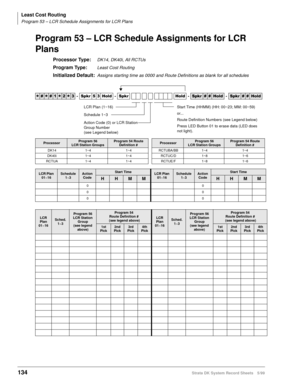 Page 148Least Cost Routing
Program 53 – LCR Schedule Assignments for LCR Plans
134Strata DK System Record Sheets 5/99
Program 53 – LCR Schedule Assignments for LCR 
Plans
Processor Type:DK14, DK40i, All RCTUs
Program Type:Least Cost Routing
Initialized Default:Assigns starting time as 0000 and Route Definitions as blank for all schedules




  6SNU   +ROG  6SNU +ROG 6SNU+ROG 6SNU+ROG
ProcessorProgram 56
LCR Station GroupsProgram 54 Route 
Definition #ProcessorProgram 56
LCR Station...