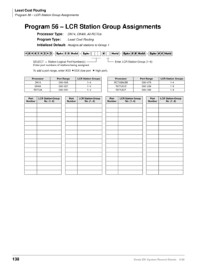 Page 152Least Cost Routing
Program 56 – LCR Station Group Assignments
138Strata DK System Record Sheets 5/99
Program 56 – LCR Station Group Assignments
Processor Type:DK14, DK40i, All RCTUs
Program Type:Least Cost Routing
Initialized Default:Assigns all stations to Group 1




  6SNU   +ROG  6SNU  +ROG 6SNU+ROG 6SNU+ROG
ProcessorPort RangeLCR Station GroupsProcessorPort RangeLCR Station Groups
DK14 000~009 1~4 RCTUBA/BB 000~079 1~4
DK40i 000~027 1~4 RCTUC/D 000~239 1~8
RCTUA 000~031 1~4...