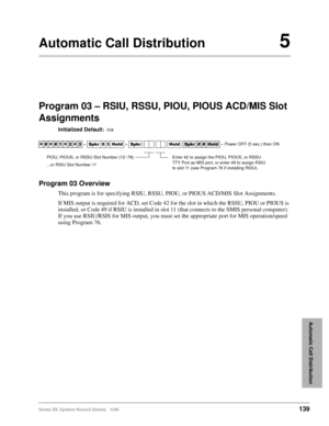 Page 153Strata DK System Record Sheets 5/99139
Automatic Call Distribution
Automatic Call Distribution5
Program 03 – RSIU, RSSU, PIOU, PIOUS ACD/MIS Slot 
Assignments
Initialized Default:n/a
Program 03 Overview
This program is for specifying RSIU, RSSU, PIOU, or PIOUS ACD/MIS Slot Assignments.
If MIS output is required for ACD, set Code 42 for the slot in which the RSSU, PIOU or PIOUS is 
installed, or Code 49 if RSIU is installed in slot 11 (that connects to the SMIS personal computer). 
If you use RSIU/RSIS...