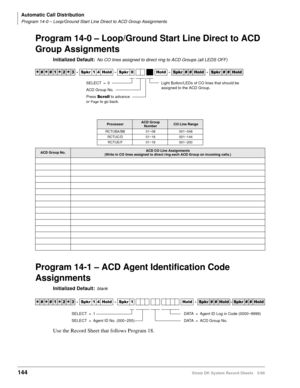 Page 158Automatic Call Distribution
Program 14-0 – Loop/Ground Start Line Direct to ACD Group Assignments
144Strata DK System Record Sheets 5/99
Program 14-0 – Loop/Ground Start Line Direct to ACD 
Group Assignments
Initialized Default:No CO lines assigned to direct ring to ACD Groups (all LEDS OFF)
Program 14-1 – ACD Agent Identification Code 
Assignments
Initialized Default:blank
Use the Record Sheet that follows Program 18.




  6SNU   +ROG  6SNU +ROG 6SNU+ROG 6SNU+ROG
ProcessorACD Group...