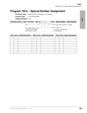 Page 197ISDN
ISDN
Program *69-2 – Special Number Assignment
Strata DK System Record Sheets 5/99183
Program *69-2 – Special Number Assignment
Processor Type:DK40i, All RCTUs (Release 4.0 or higher)
Program Type:Trunk, PRI and BRI
Initialized Default:none




  6SNU
  +ROG  6SNU   +ROG 6SNU+ROG 6SNU+ROG
IndexTy p eCalling Party NumberIndexTy p eCalling Party NumberIndexTy p eCalling Party Number
SEL = 2
DATA = Type (1, 2)
1 = Prefix plus *09 DID digits
2 = Fixed Number Enter Calling Party...