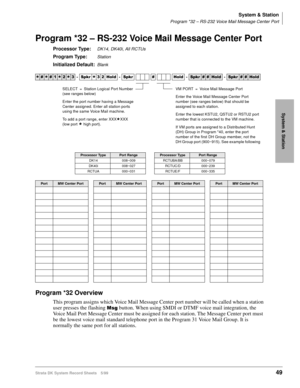 Page 63System & Station
Program *32 – RS-232 Voice Mail Message Center Port
Strata DK System Record Sheets 5/9949
System & Station
Program *32 – RS-232 Voice Mail Message Center Port
Processor Type:DK14, DK40i, All RCTUs
Program Type:Station
Initialized Default:Blank
Program *32 Overview
This program assigns which Voice Mail Message Center port number will be called when a station 
user presses the flashing 
0VJ button. When using SMDI or DTMF voice mail integration, the 
Voice Mail Port Message Center must be...