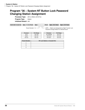 Page 70System & Station
Program *36 – System NT Button Lock Password Changing Station Assignment
56Strata DK System Record Sheets 5/99
Program *36 – System NT Button Lock Password 
Changing Station Assignment
Processor Type:DK14, DK40i, All RCTUs
Program Type:Station
Initialized Default:000




  6SNU
  +ROG  6SNU +ROG 6SNU+ROG 6SNU+ROG
ProcessorPort RangeProcessorPort Range
DK14 000~009 RCTUBA/BB 000~079
DK40i 000~027 RCTUC/D 000~239
RCTUA 000~031 RCTUE/F 000~335
Tenant NumberNT Lock Station...
