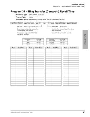 Page 71System & Station
Program 37 – Ring Transfer (Camp-on) Recall Time
Strata DK System Record Sheets 5/9957
System & Station
Program 37 – Ring Transfer (Camp-on) Recall Time
Processor Type:DK14, DK40i, All RCTUs
Program Type:Station
Initialized Default:Assigns Ring Transfer Recall Time of 32 seconds to all ports




  6SNU   +ROG  6SNU  +ROG 6SNU+ROG 6SNU+ROG
ProcessorPort RangeProcessorPort Range
DK14 000~009 RCTUBA/BB 000~079
DK40i 000~027 RCTUC/D 000~239
RCTUA 000~031 RCTUE/F 000~335...