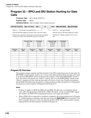 Page 106System & Station
Program 22 – RPCI and DIU Station Hunting for Data Calls
3-60Strata DK Programming 5/99
Program 22 – RPCI and DIU Station Hunting for Data 
Calls
Processor Type:DK14, DK40i, All RCTU’s
Program Type:Station
Initialized Default:Does not assign “hunt-to” ports to any port
Program 22 Overview
This program assigns computer and Data Interface Unit (DIU) station hunt ports for data calls. If a 
RPCI/PDIU station (printer, modem, etc.) is busy, data station hunting allows the data call to hunt...