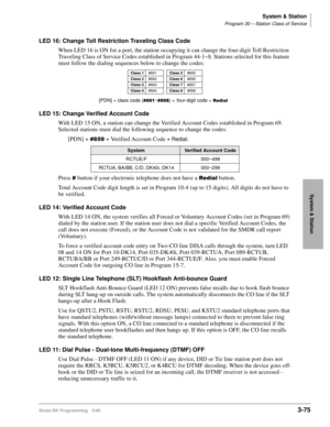 Page 121System & Station
Program 30 – Station Class of Service
Strata DK Programming 5/993-75
System & Station
LED 16: Change Toll Restriction Traveling Class Code
When LED 16 is ON for a port, the station occupying it can change the four-digit Toll Restriction 
Traveling Class of Service Codes established in Program 44-1~8. Stations selected for this feature 
must follow the dialing sequences below to change the codes:
LED 15: Change Verified Account Code
With LED 15 ON, a station can change the Verified...