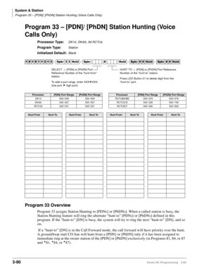 Page 136System & Station
Program 33 – [PDN]/ [PhDN] Station Hunting (Voice Calls Only)
3-90Strata DK Programming 5/99
Program 33 – [PDN]/ [PhDN] Station Hunting (Voice 
Calls Only)
Processor Type:DK14, DK40i, All RCTUs
Program Type:Station
Initialized Default:Blank
Program 33 Overview
Program 33 assigns Station Hunting to [PDNs] or [PhDNs]. When a called station is busy, the 
Station Hunting feature will ring the alternate “hunt to” [PDNs] or [PhDNs] defined in this 
program. If the “hunt-to” [DN] is busy, the...